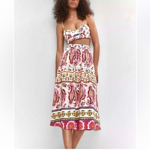 New CAROLINE CONSTAS Printed Linen Blend Bralette Crop Top and Midi Skirt Set - Picture 4 of 11